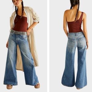 Free People We The Free Low Flare Wide Leg Low Rise‎ Jeans Sz 26 Blue Jade Wash